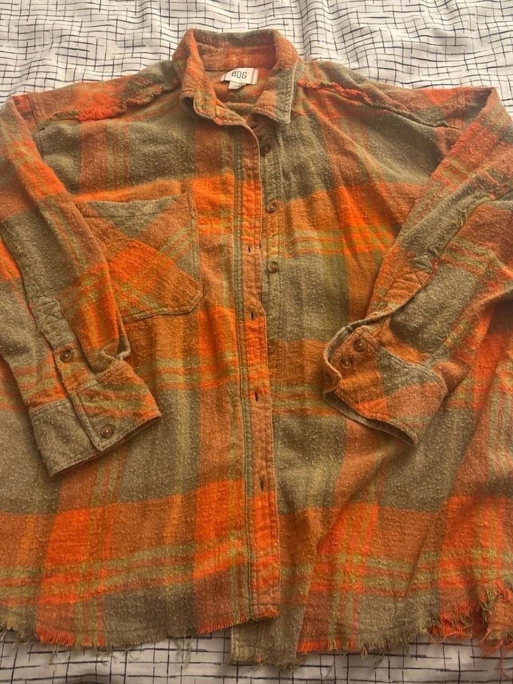 BDG Orange and Olive Green Plaid Button-Up Shirt